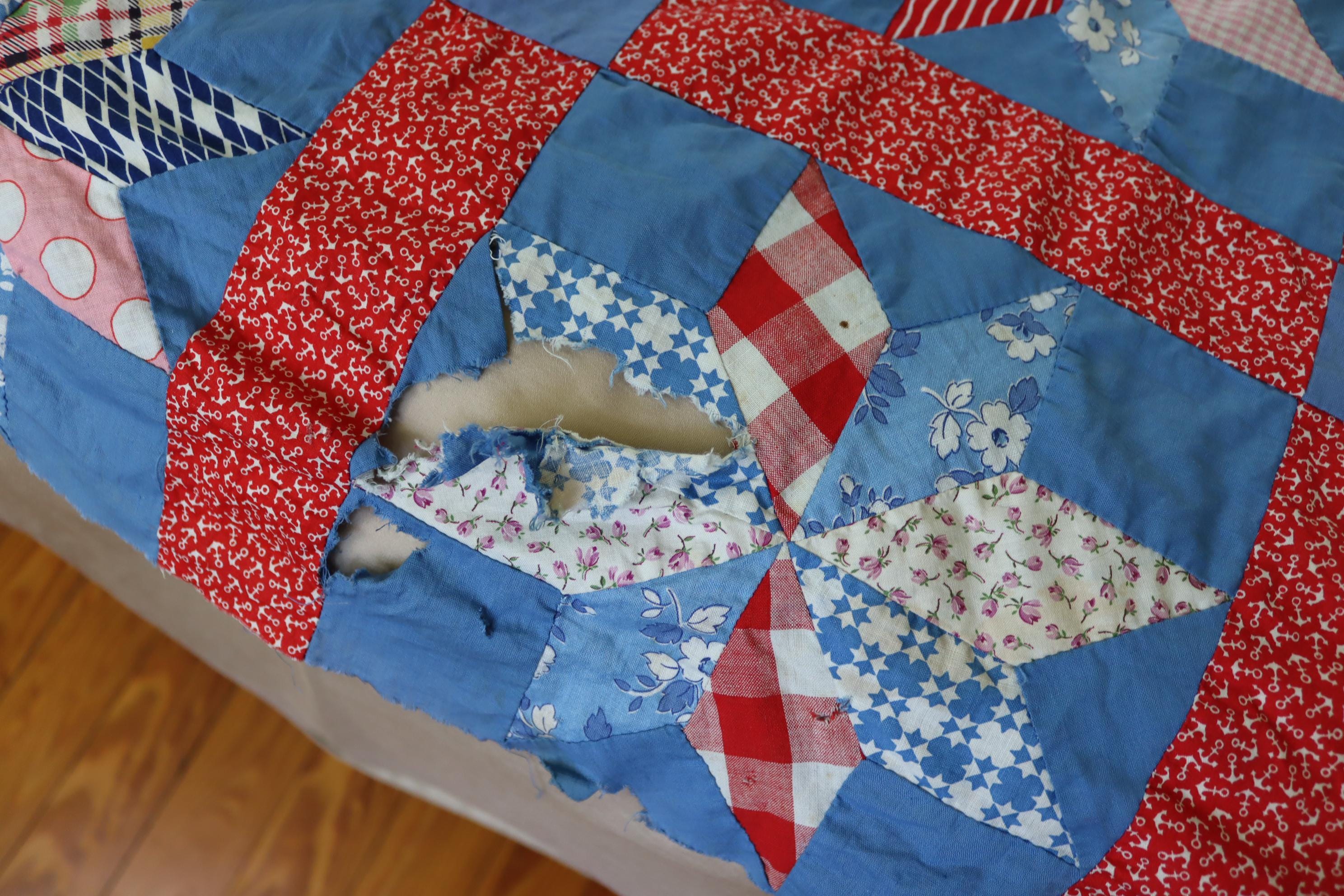 40年代/50年代のパッチワークキルトトップ - ヴィンテージ8ポイント