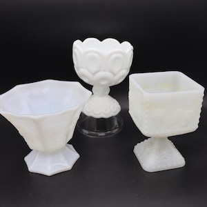 Vintage Milk Glass Pedestal Vases - Grapes Milk Glass Vase, Eight-Sided Milk Glass Pedestal Vase, Moon and Stars Milk Glass Vase