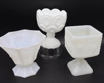 Vintage Milk Glass Pedestal Vases - Grapes Milk Glass Vase, Eight-Sided Milk Glass Pedestal Vase, Moon and Stars Milk Glass Pedestal Bowl