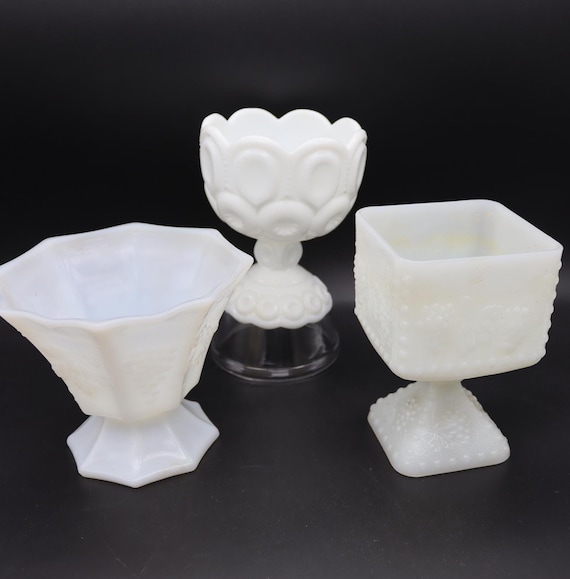 Vintage Milk Glass Pedestal Vases - Grapes Milk Glass Vase, Eight-Sided Milk Glass Pedestal Vase, Moon and Stars Milk Glass Pedestal Bowl