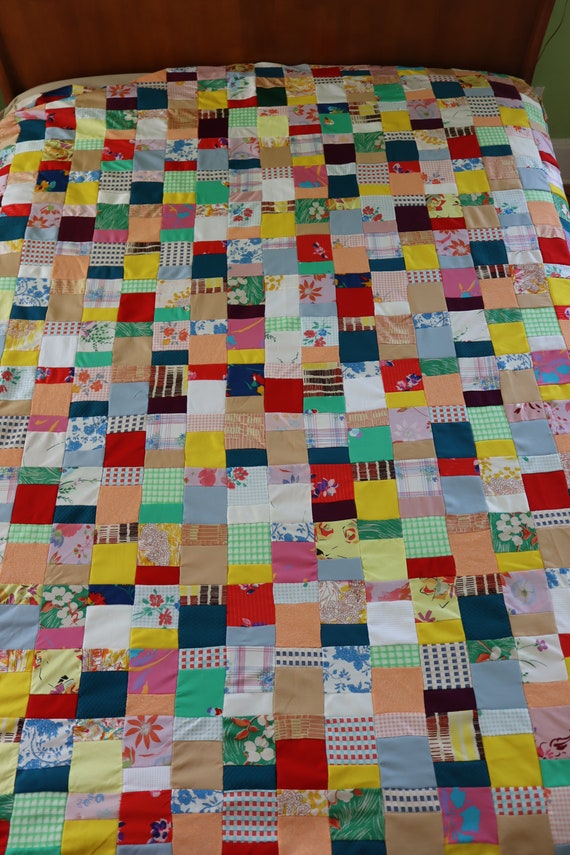 1970s Polyester Double Knit Afghan or Quilt Top - Vintage 70s 