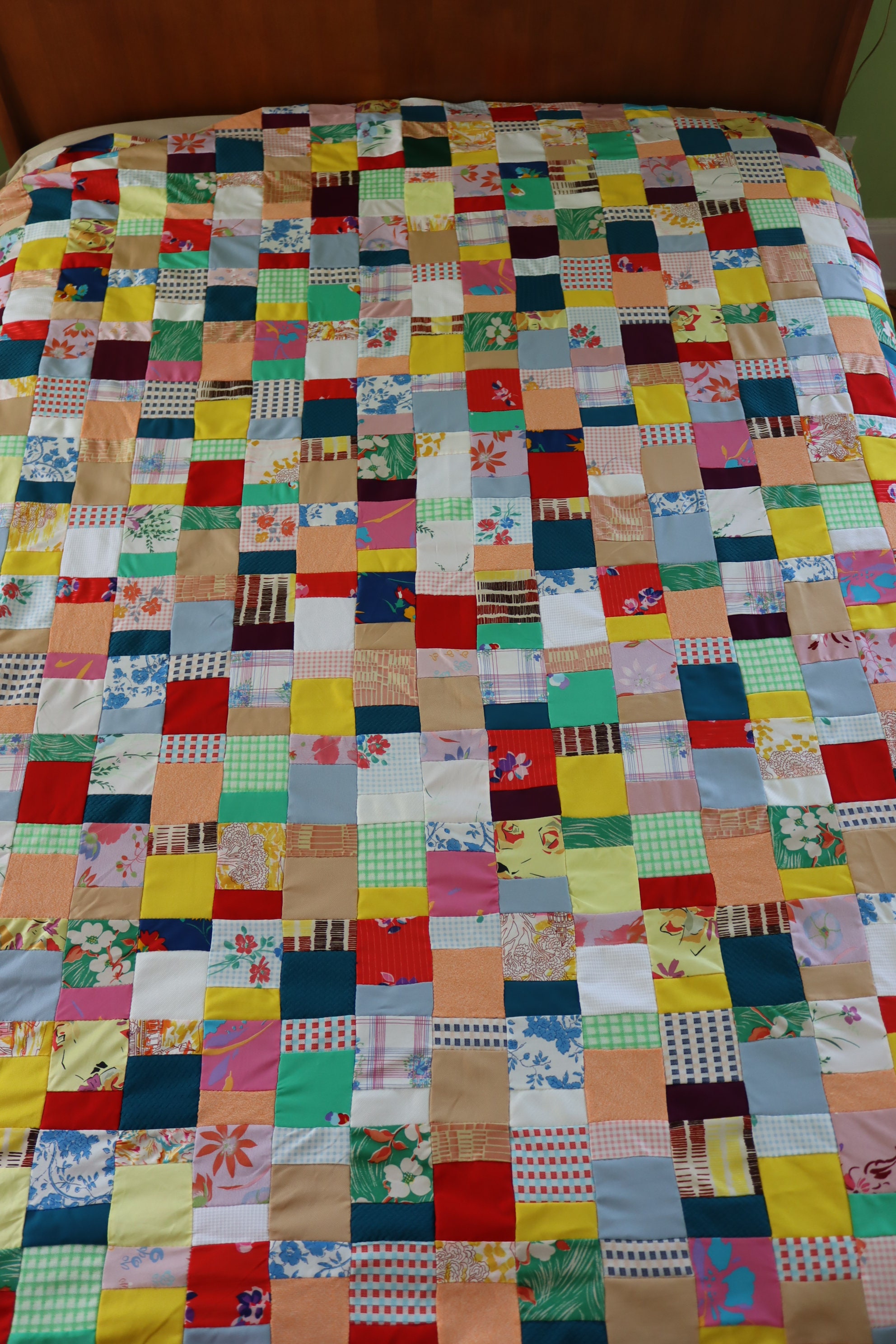 1970s Polyester Double Knit Afghan or Quilt Top Vintage 70s 
