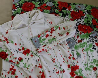 1960s/70s Long Robe or Lounge Dress with bright red, gray and black floral design - Groovy Lounge Dress - Vintage Lounging Robe