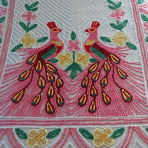 Vintage Peacock Chenille Bedspread - Bright Pink, Yellow and Green Double Peacock Chenille Bedspread