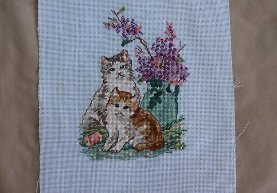 Finished Calico Cat Embroidery - Vintage Completed Counted Cross