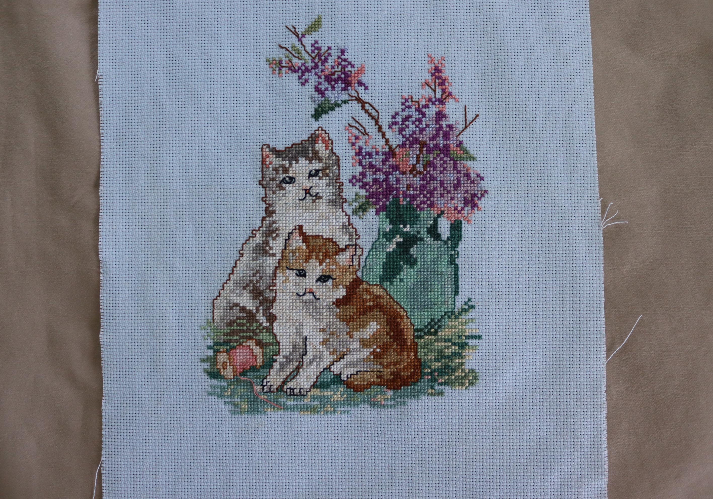 Finished Calico Cat Embroidery - Vintage Completed Counted Cross