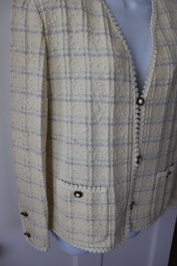 Vintage Ivory and Blue Textured V-Neck Jacket / B… - image 3