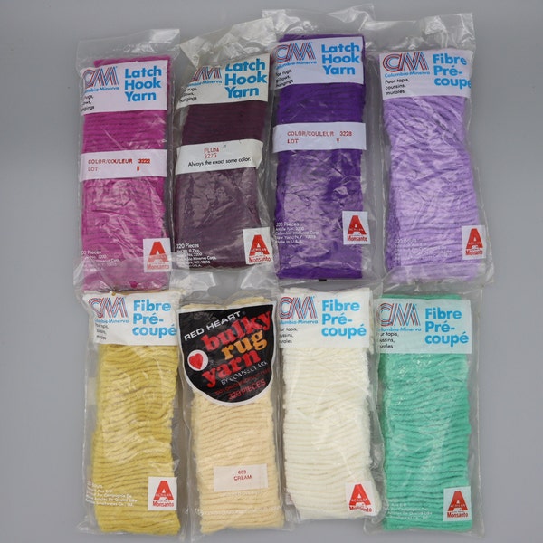 Precut Latch Hook Yarn - Vintage Latch Hook Yarn-  Light purple, Dark Purple,  Plum, Magenta, Mint Green, Cream, Light gold, White