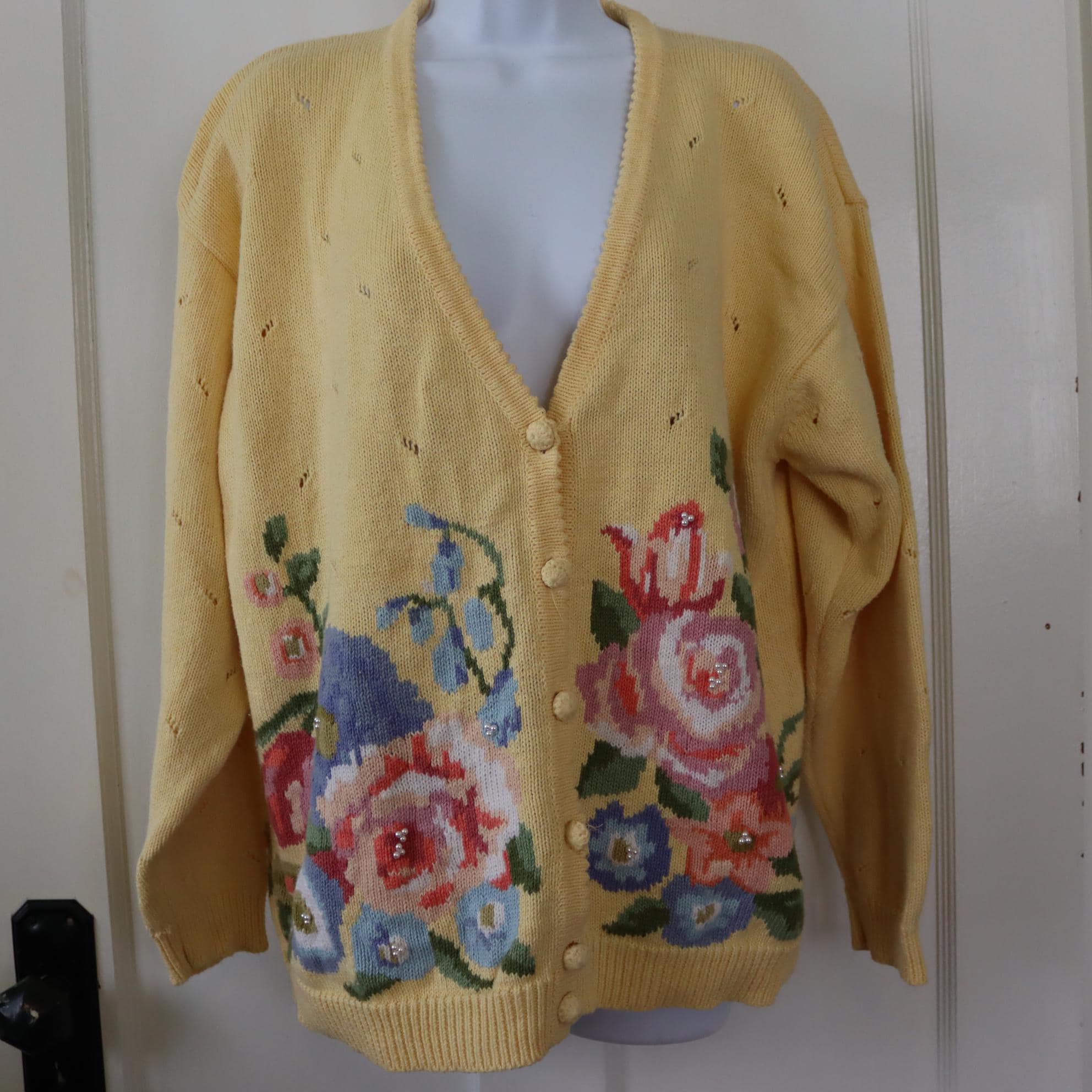 Yellow Cotton Cardigan Sweater With Pastel Flowers- Yellow