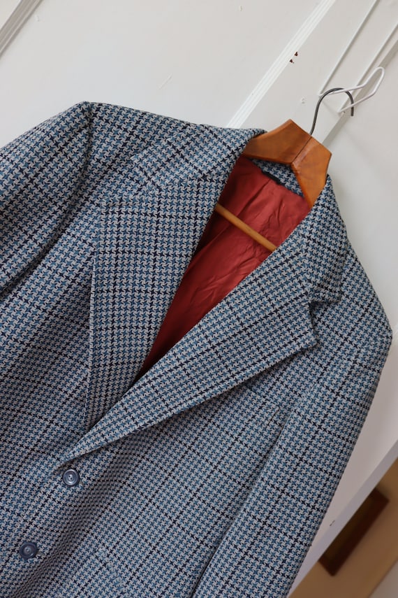 70s Men’s Blue Houndstooth Wide Collar Blazer or S