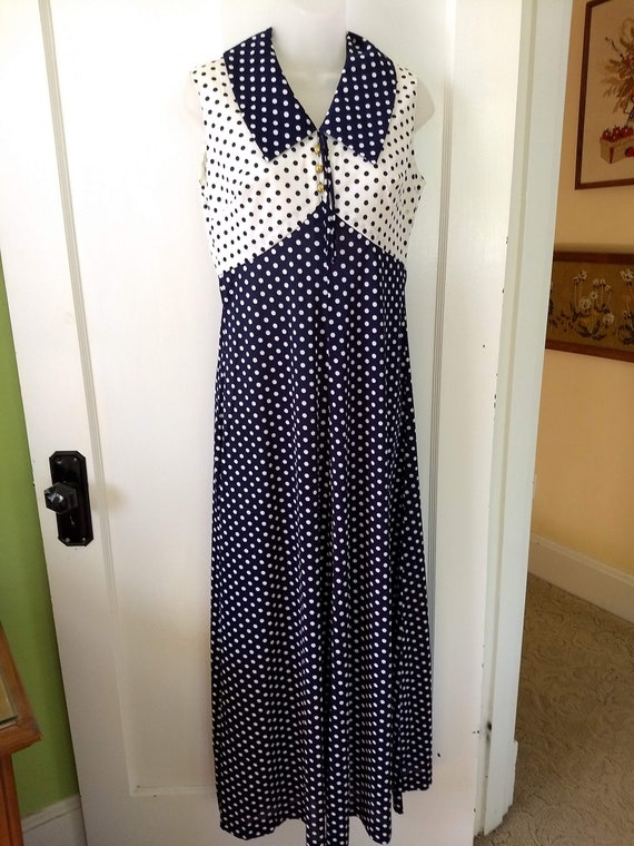 Vintage Navy and White Polka Dot Sleeveless Long … - image 1