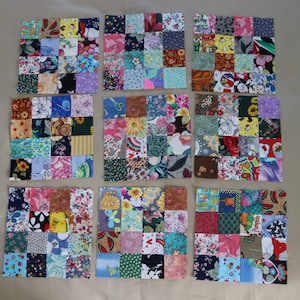 Set of 9 Quilt Blocks with 16 Squares - 9 inch patchwork blocks - Bright Patchwork Quilt Block Sets