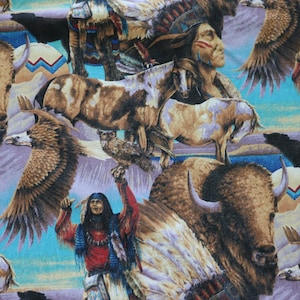 May include: Fabric with a Native American theme, featuring illustrations of bison, horses, eagles, and Native American figures in traditional attire. The design incorporates a variety of colors, including brown, blue, and red.