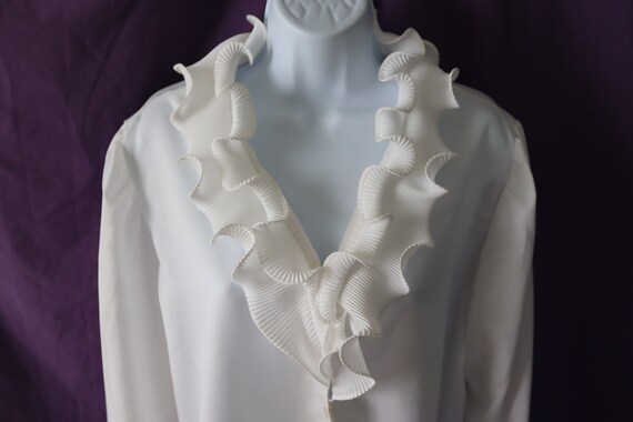 Silky White Blouse with Ruffled V-Neck and Long S… - image 1