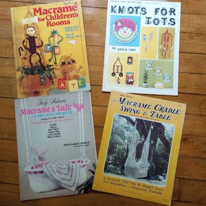 4  vintage 70s/80s Macrame Books children room decor, baby room decor, baby cradle, baby chair, frogs, animals and more