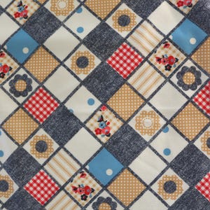 1970s Red Blue and Beige Patchwork Double Knit Fabric - Vintage Floral Patchwork Polyester Knit Fabric for retro clothing or patchwork