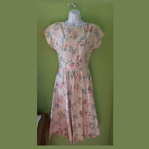 80s Pink Floral Cotton Dress with Full Skirt- Vintage Pink Cotton Summer Dress - Pretty Pink Flowers Fit and Flare Dress  -Pink Summer Dress