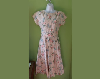 80s Pink Floral Cotton Dress with Full Skirt- Vintage Pink Cotton Summer Dress - Pretty Pink Flowers Fit and Flare Dress  -Pink Summer Dress