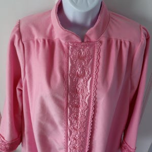 Vintage Pink Velour Robe - 1980s Long Pink Robe - Pink Velour Robe with Pretty Satin Trim -  Soft Pink Housecoat with snap front