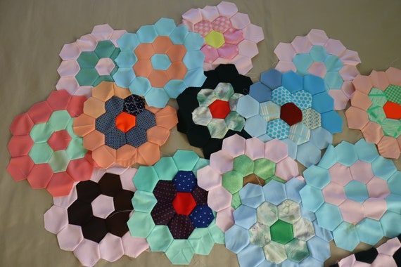 Set of 15 Polyester Double Knit Quilt Blocks from 1970s - Vintage Flower Garden Quilt Blocks - Polyester Double Knit Hexagon Quilt Blocks