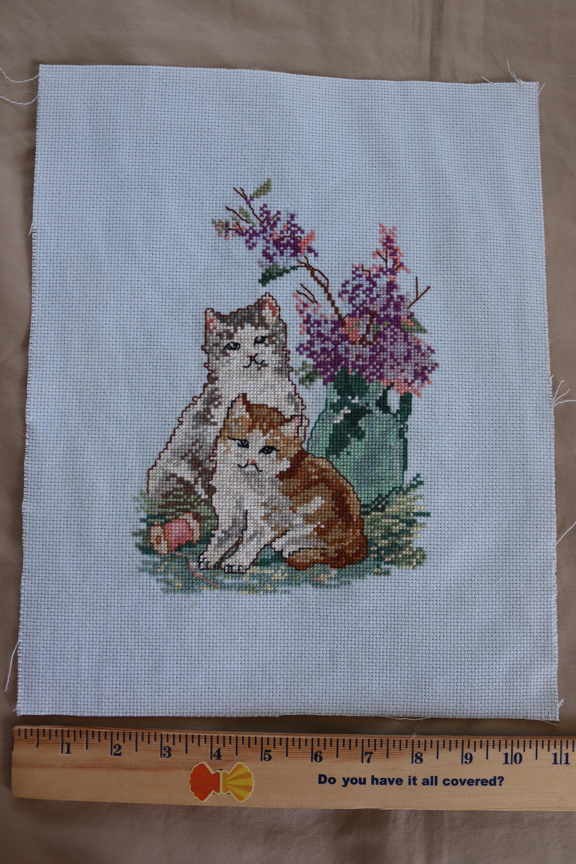Finished Calico Cat Embroidery - Vintage Completed Counted Cross