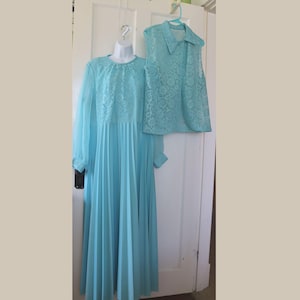 60s/70s Turquoise Party, Prom, Long Dress - Vintage Aqua Maxi Dress with jacket, pleated skirt -Lace and Chiffon Aqua Special Occasion Dress