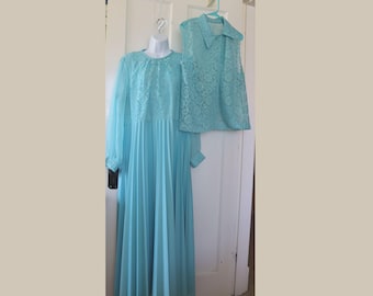 60s/70s Turquoise Party, Prom, Long Dress - Vintage Aqua Maxi Dress with jacket, pleated skirt -Lace and Chiffon Aqua Special Occasion Dress