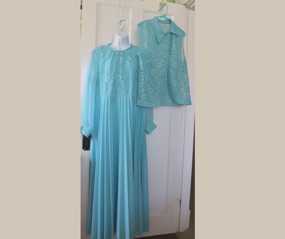 60s/70s Turquoise Party, Prom, Long Dress - Vintage Aqua Maxi Dress with jacket, pleated skirt -Lace and Chiffon Aqua Special Occasion Dress