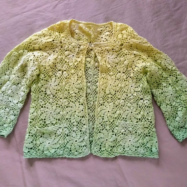 Spring Yellow and Green Hand Dyed Crocheted Cotton Cardigan Sweater - Ombre Cotton Lace Sweater for Spring or Summer