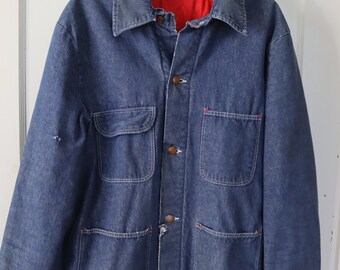 Vintage Denim Work Jacket With Red Lining and Corduroy Collar