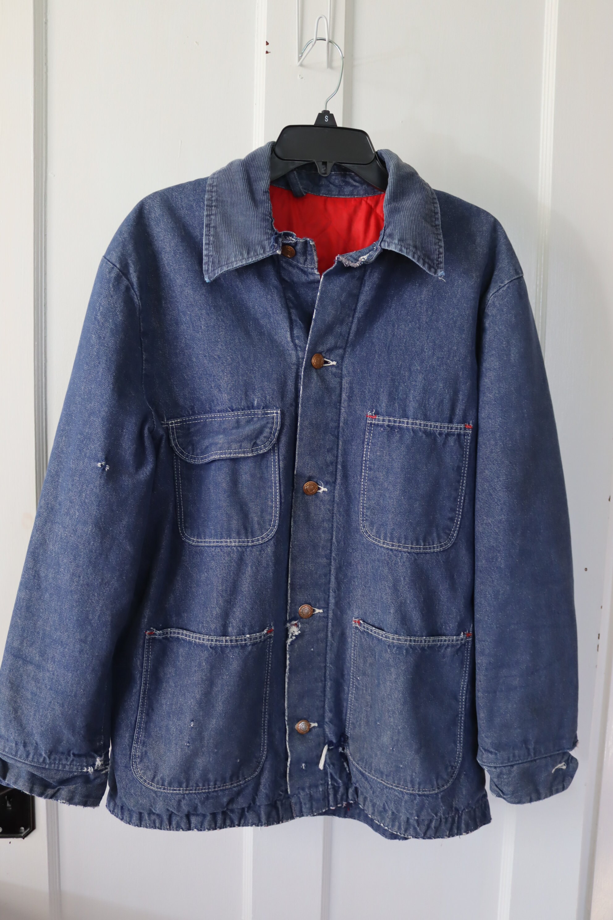 Vintage Denim Work Jacket With Red Lining and Corduroy Collar
