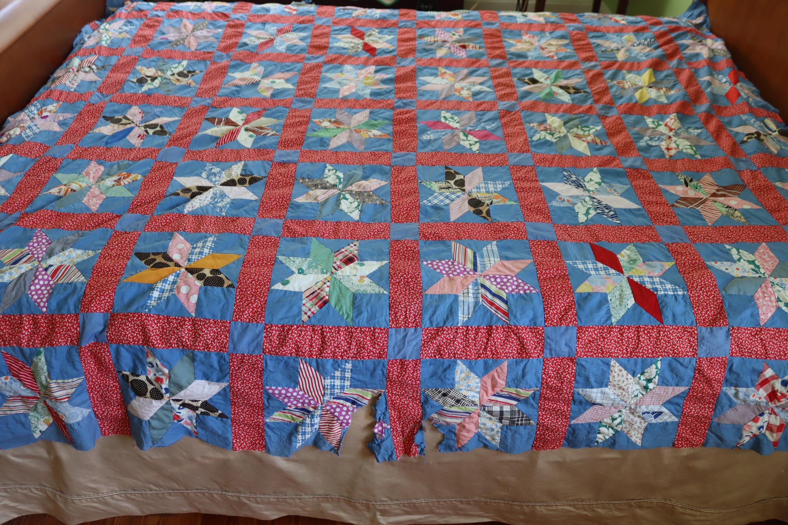 40年代/50年代のパッチワークキルトトップ - ヴィンテージ8ポイント