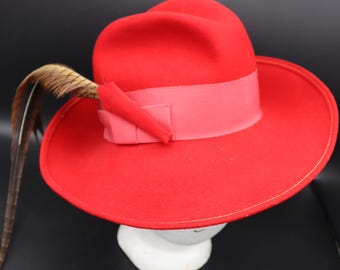 Vintage Red Wide-Brim Wool Hat with Black & Beige Band Vintage 1940s Wide Brim Hat With Red Flower, Elastic Chin  main image 4
