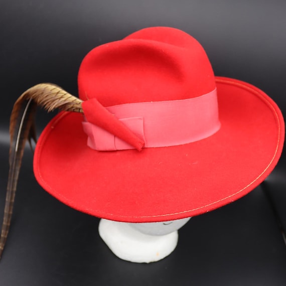 HAT VINTAGE RED WOOL Vintage LANCASTER Felt 100% Wool RED One Size Hat With  main image 4