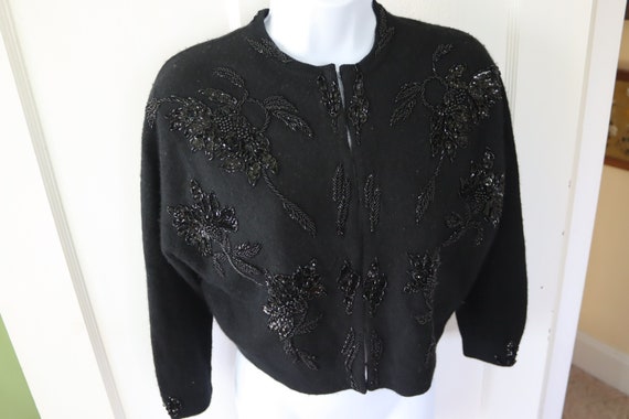 1940s/50s Lambswool Angora Black Beaded Cardigan … - image 1