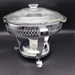Vintage Chrome Chafing Dish in original box - Mid-Century Modern Buffet Serving Dish for retro entertaining - Sheffield Design Chafing Dish
