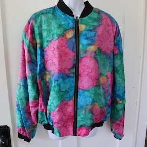 Vintage Watercolor Silk Bomber Jacket -80s/90s Bright Silk Jacket -Bright Pink Green Blue Turquoise Watercolor Silk Jacket with zipper front