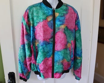 Vintage Watercolor Silk Bomber Jacket -80s/90s Bright Silk Jacket