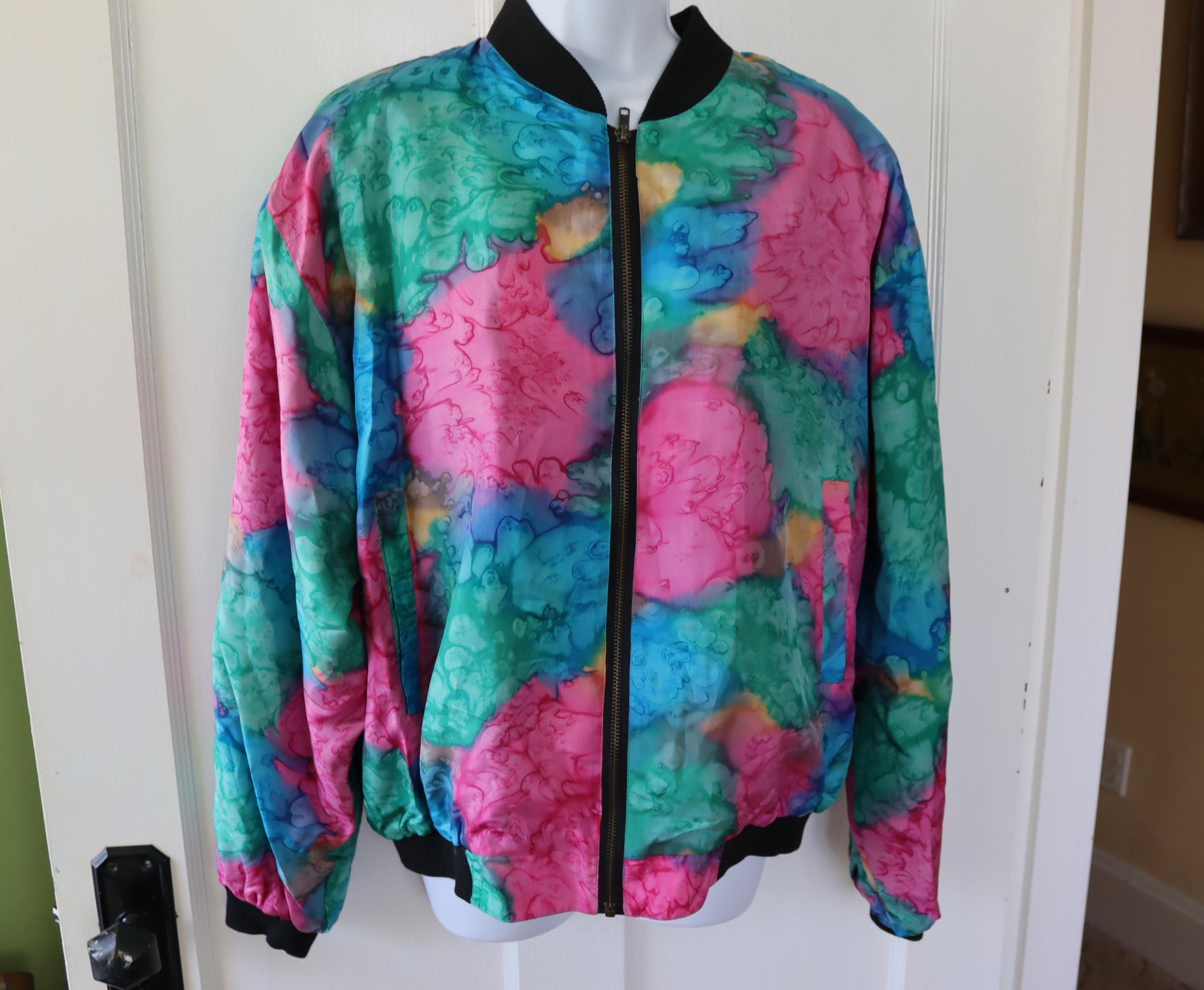Vintage Watercolor Silk Bomber Jacket -80s/90s Bright Silk Jacket