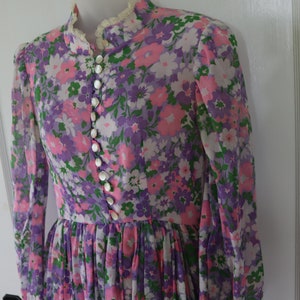 60s/70s Prom Dress, Party Dress, Maxi Dress - Purple and Pink Floral Maxi Dress - Vintage Gunne Sax Style Long Dress