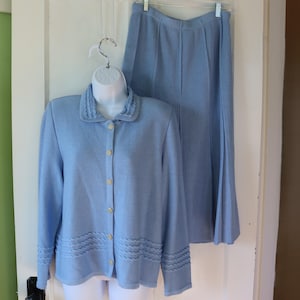 80s Blue Sweater Dress - 2 piece Blue Sweater Suit - Vintage Blue Cardigan Sweater with matching skirt - Vintage Blue Sweater and Skirt