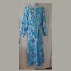 1960s/1970s Hawaiian Dress by Maier Shops Hawaii - Aqua/Turquoise Floral Hawaiian Maxi Dress - Polynesian Casuals Silky Tropical Long Dress