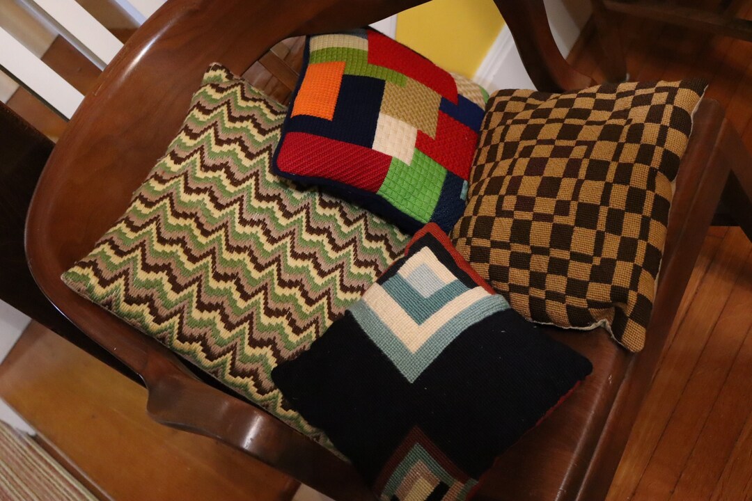 Vintage Needlepoint Pillows Midcentury Geometric Designs Etsy