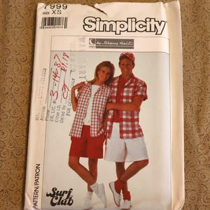 1980s Easy Shorts,  Shirt, and Cap Pattern by Simplicity 7999 size XS - Surf Club Button-Up Shirt and Shorts - 80s Surfer Outfit Pattern