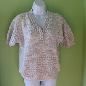 Vintage Cotton Blend Sweater - Vintage Nubby Texture Multicolor Sweater - Short Sleeve No Itch Pastel and Ivory Sweater with V Neck