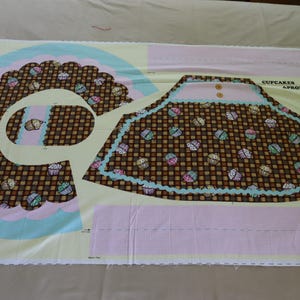 Cupcakes Bib Apron Fabric Panel by Leslie Beck - Pink, Aqua, and Brown Cupcake Apron Fabric Panel - Fabric to make a bib apron with cupcakes