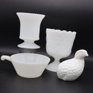 Vintage Milk Glass -Milk Glass Fire King Bowl with Handle - Ribbed Oval Pedestal Vase-Scalloped Milk Glass Pedestal Vase - Avon Partridge