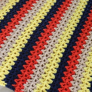 Vintage Blue, Yellow, Orange Crochet Afghan - Hand Crochet Striped Throw in Nautical Colors - Bright Striped Afghan