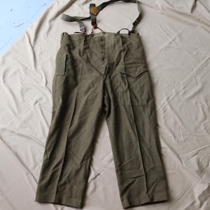 Vintage Military Field Pants with Suspenders -World War II/1950s heavy drab green wool military pants - 40s/50s Wool US Army Pants