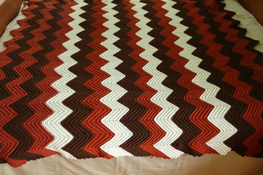 Large Zig Zag Handmade Afghan or Throw Earth Tones Crocheted Zig Zag